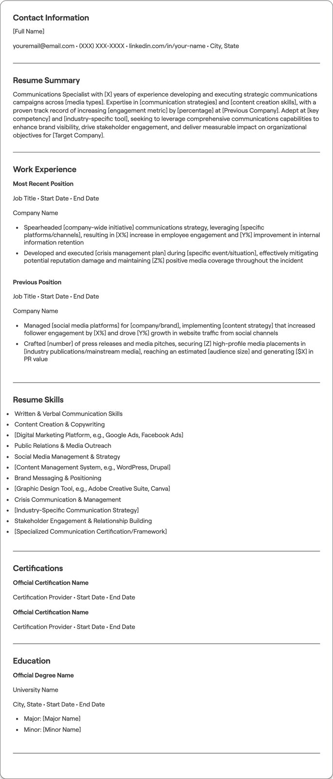 Communications Specialist resume example