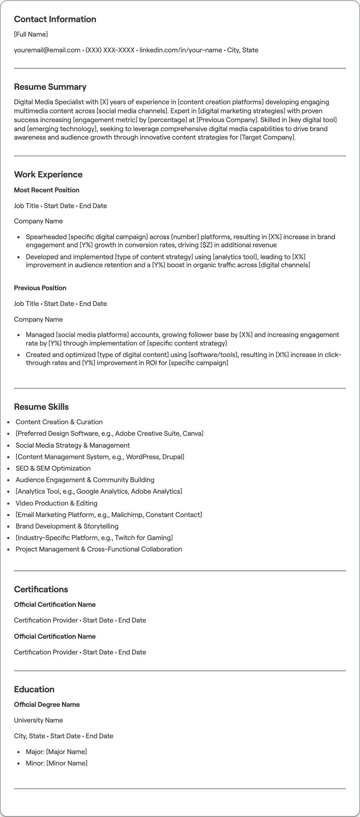 Digital Media resume example