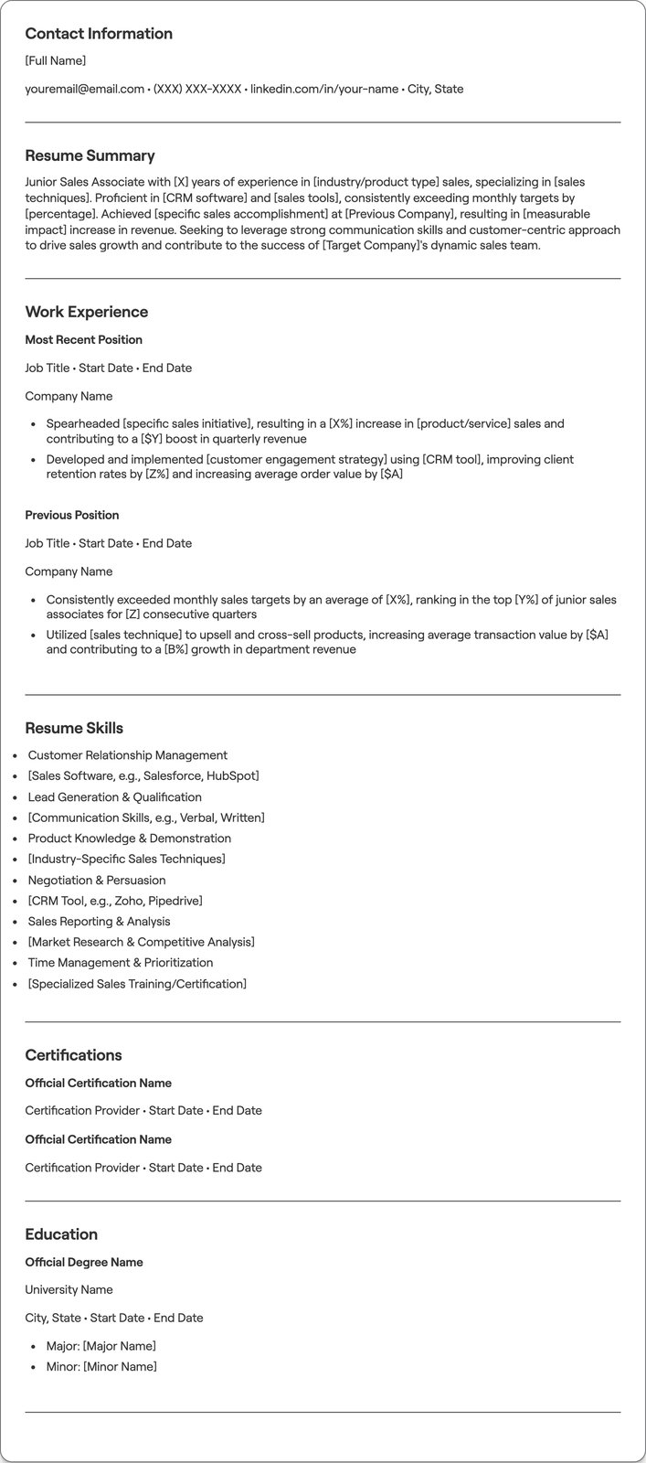 Junior Sales Associate resume example