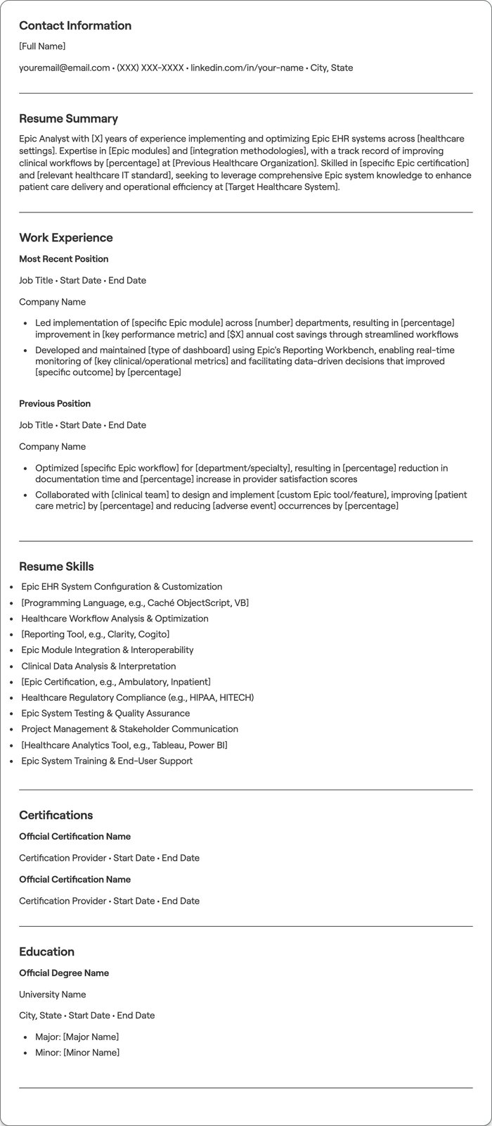 Epic Analyst resume example