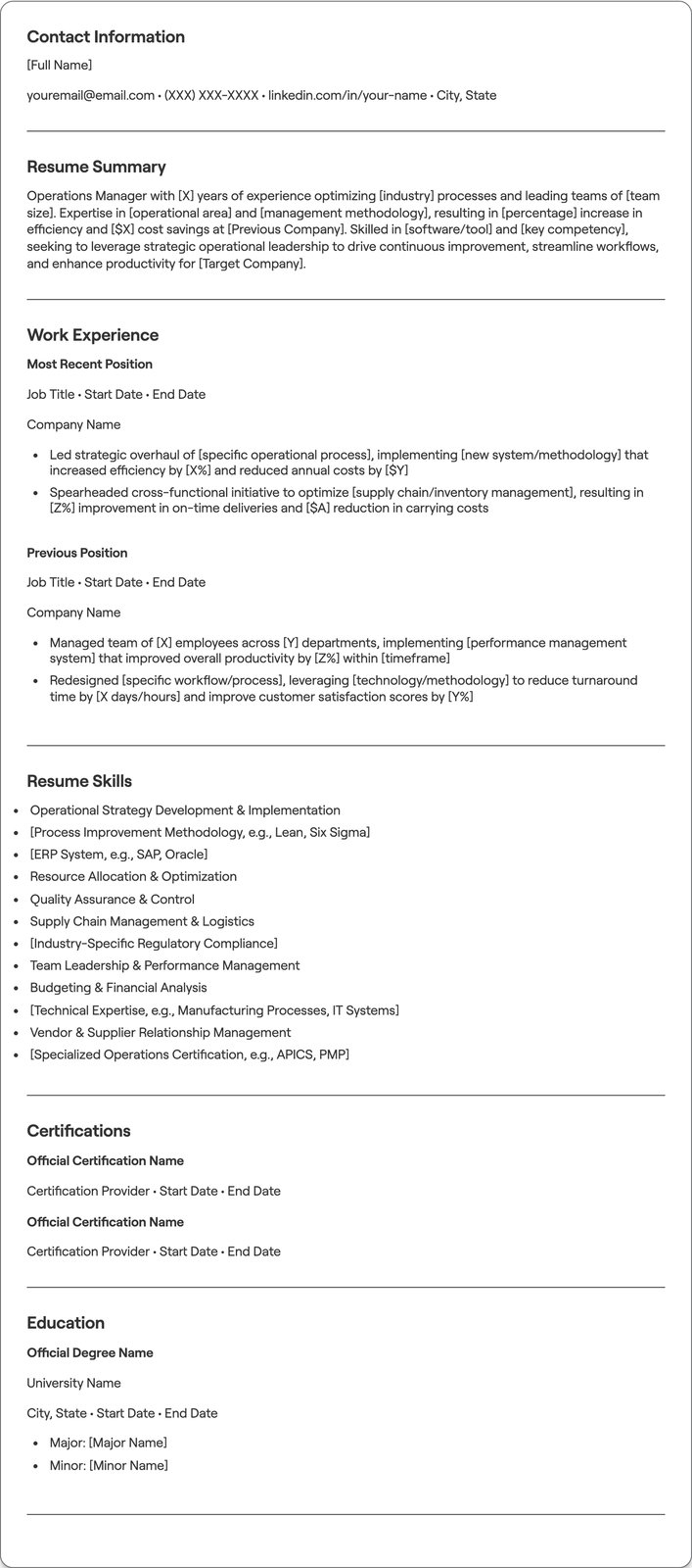 Operations Manager resume example