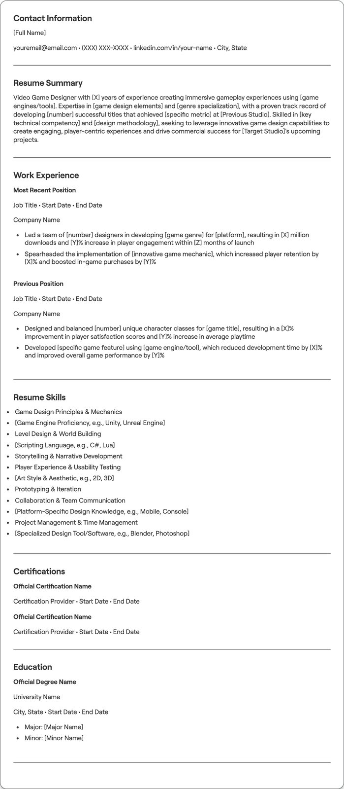 Video Game Designer resume example