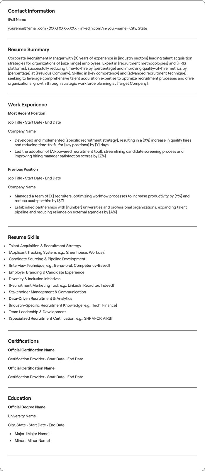 Corporate Recruitment Manager resume example