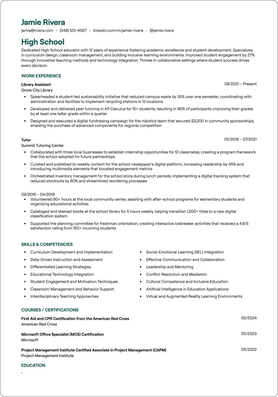High School Graduate resume example