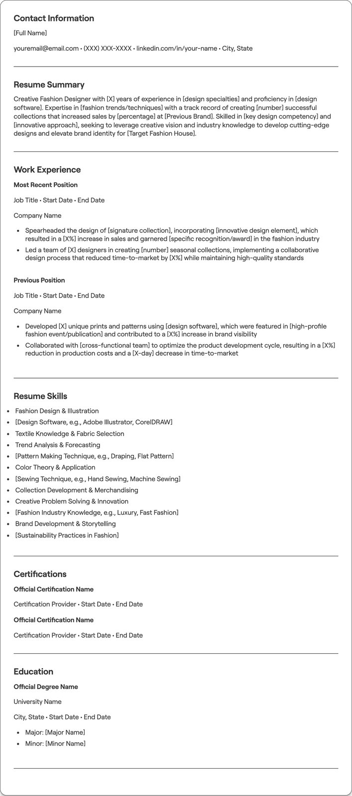 Creative Fashion Designer resume example