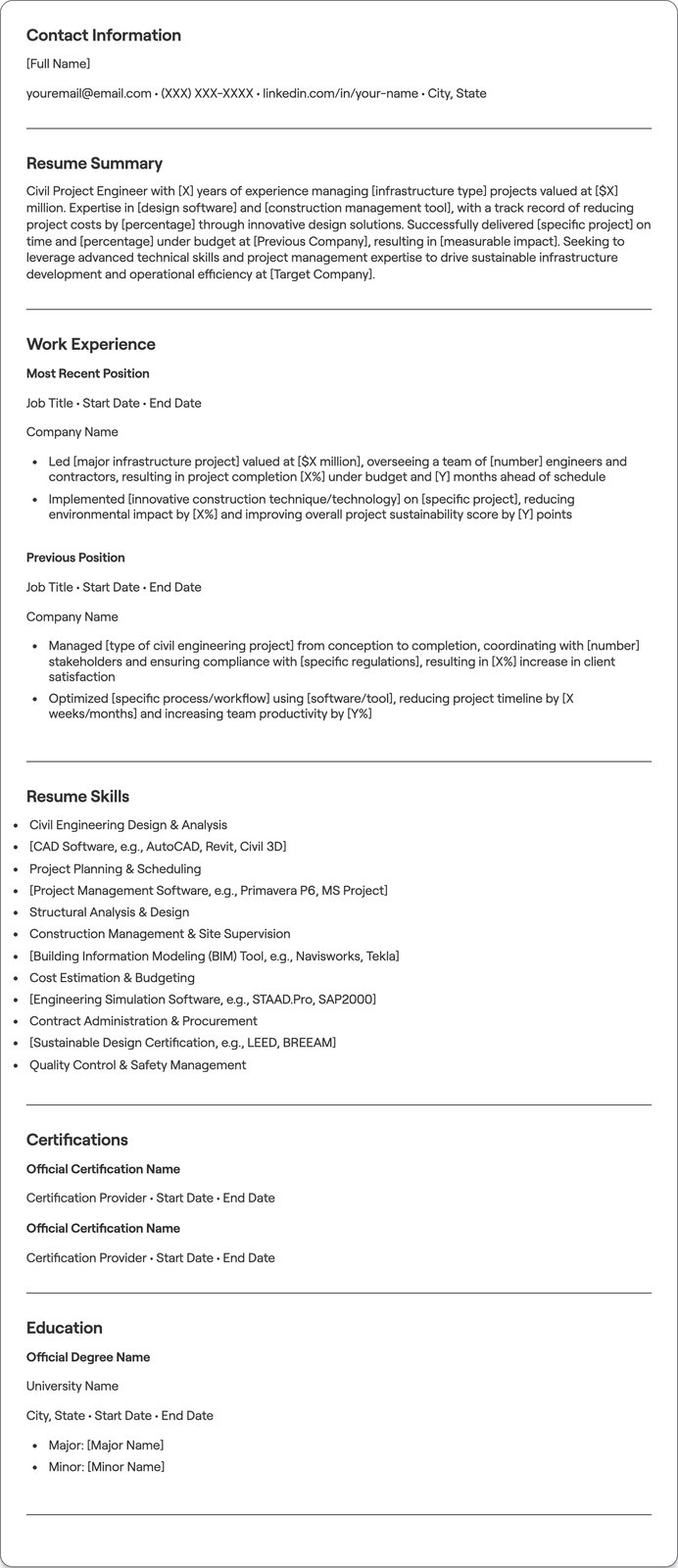 Civil Project Engineer resume example