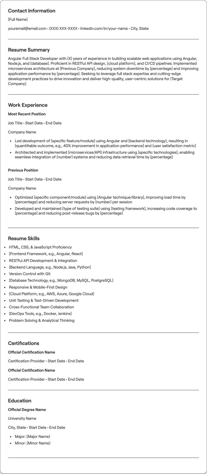Angular Full Stack Developer resume example