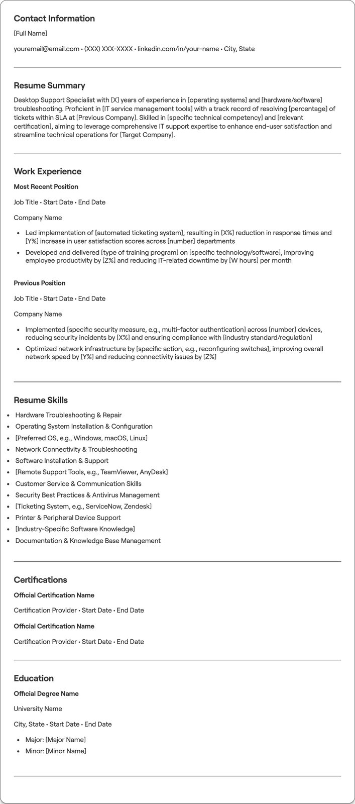 Desktop Support resume example