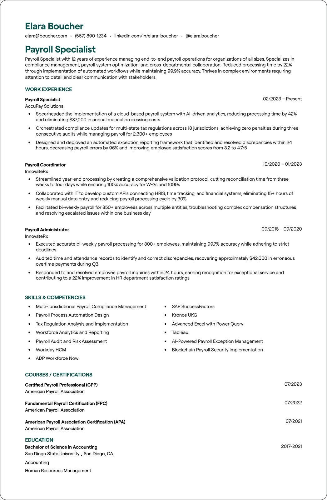 Payroll Clerk resume example