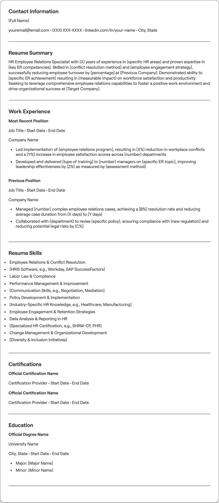 HR Employee Relations resume example