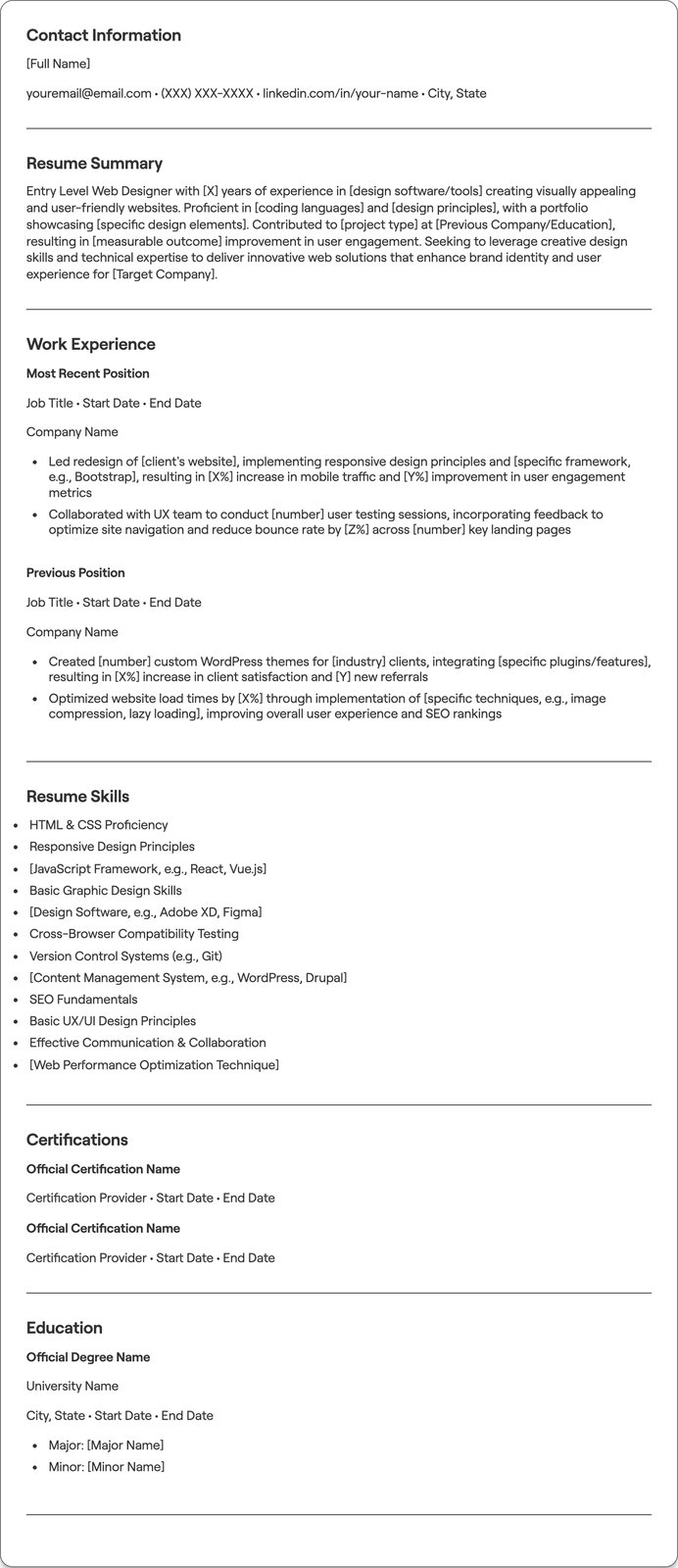 Entry Level Web Designer resume example
