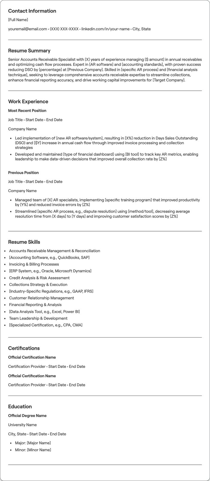 Senior Accounts Receivable resume example