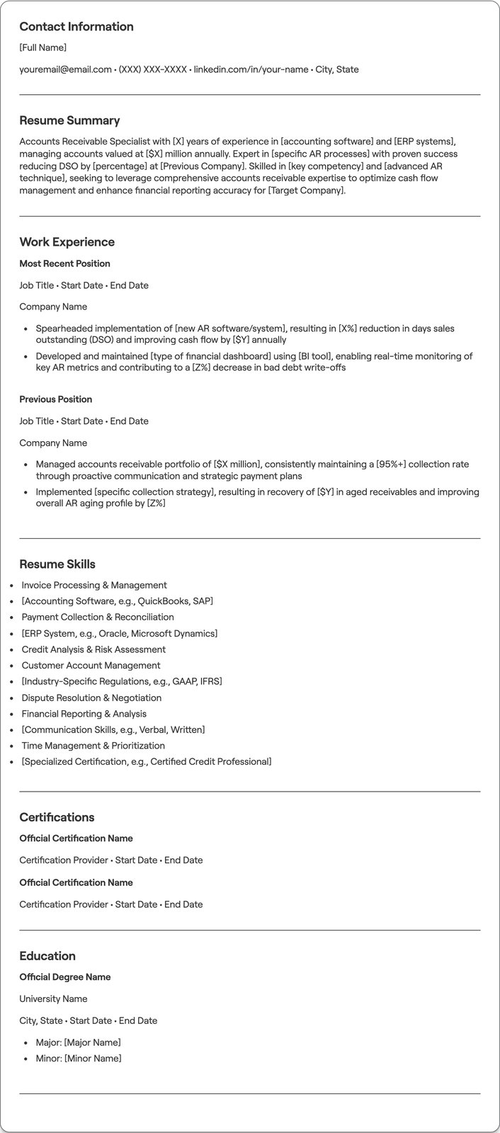 Accounts Receivable Specialist resume example