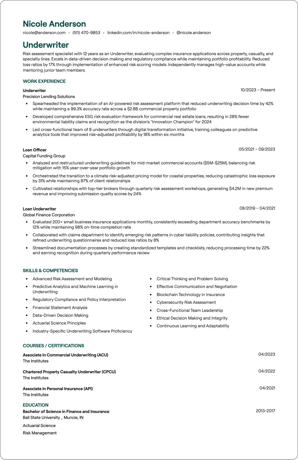 Senior Underwriter resume example