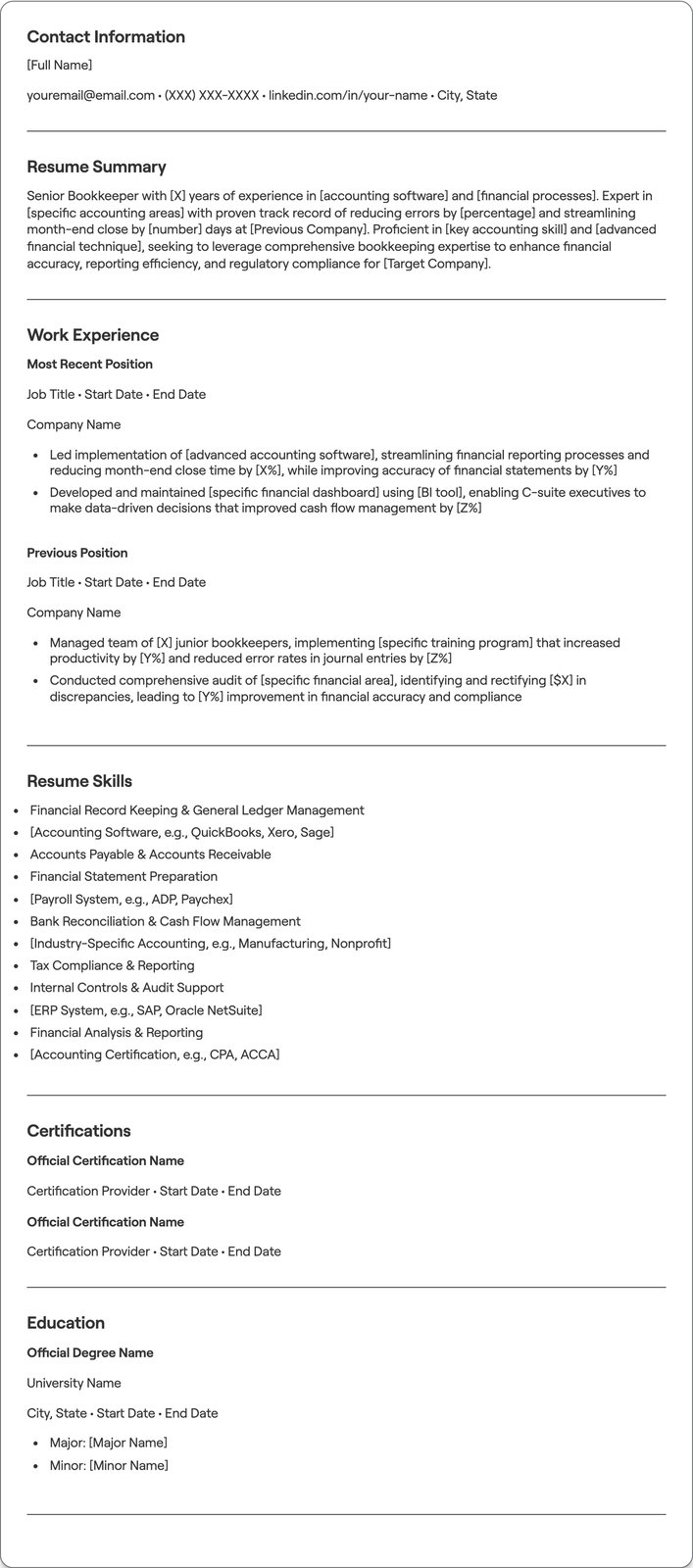 Senior Bookkeeper resume example