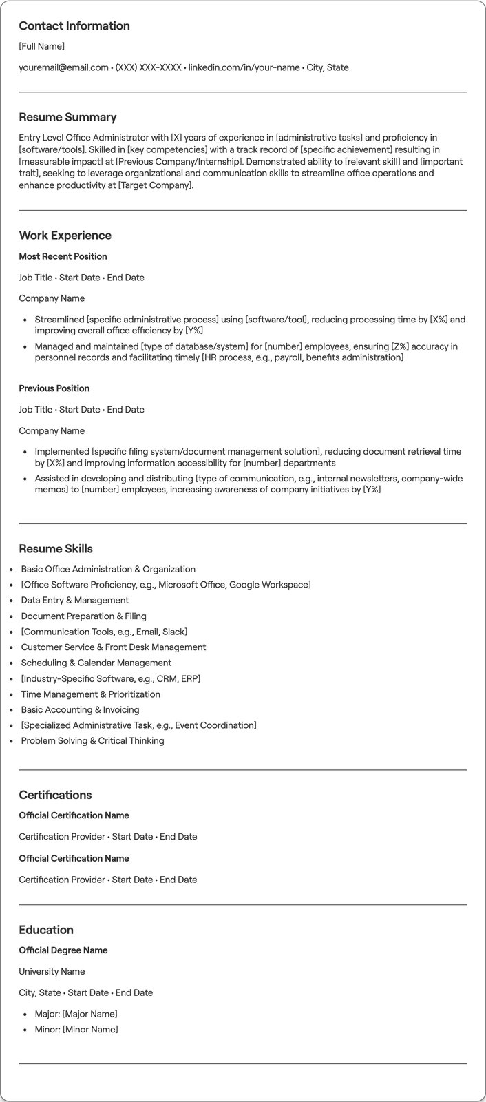 Entry Level Office Administrator resume example