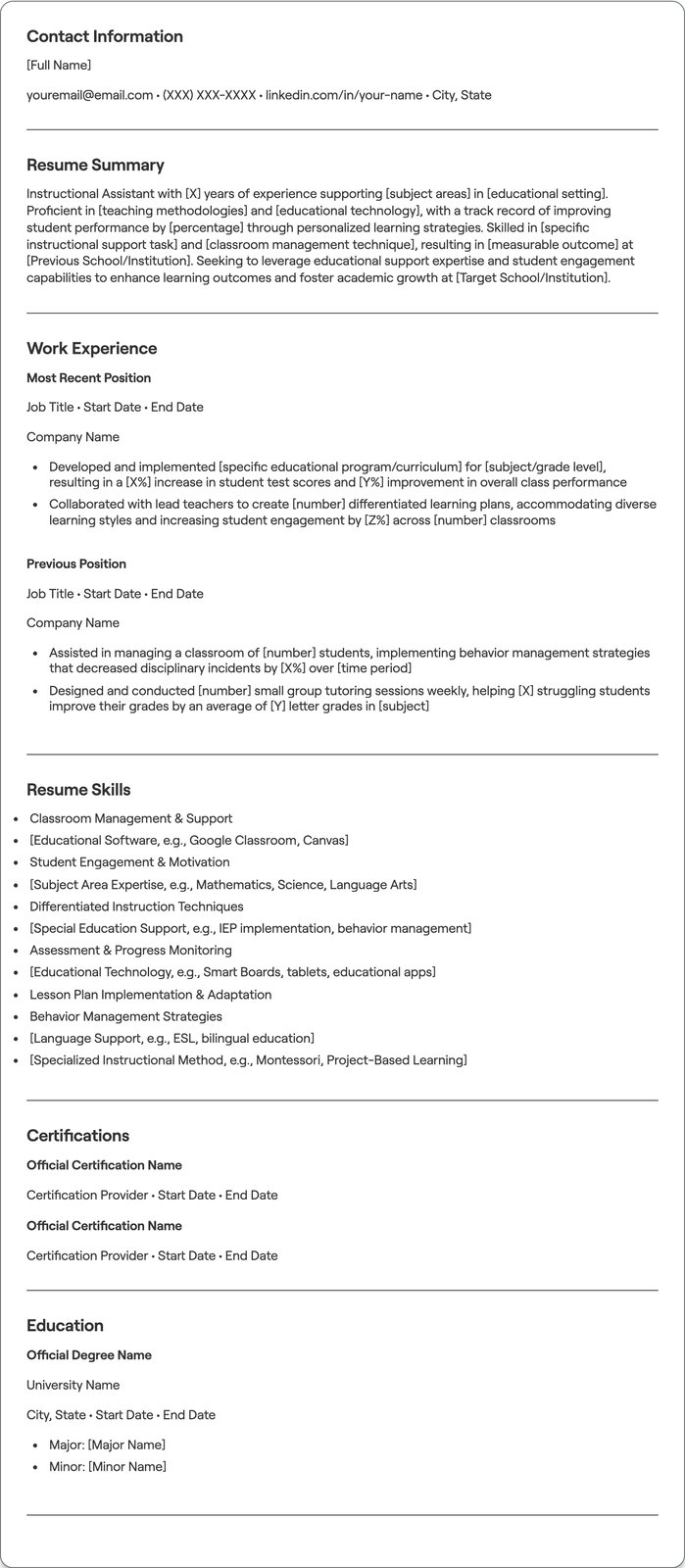 Instructional Assistant resume example