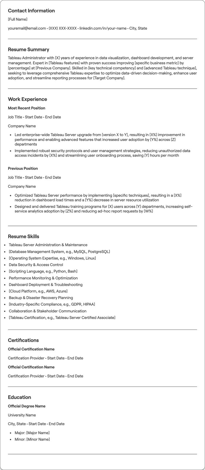 Tableau Administrator resume example