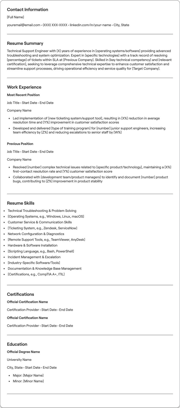 Technical Support Engineer resume example