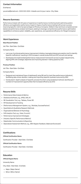 Performance Analyst resume preview