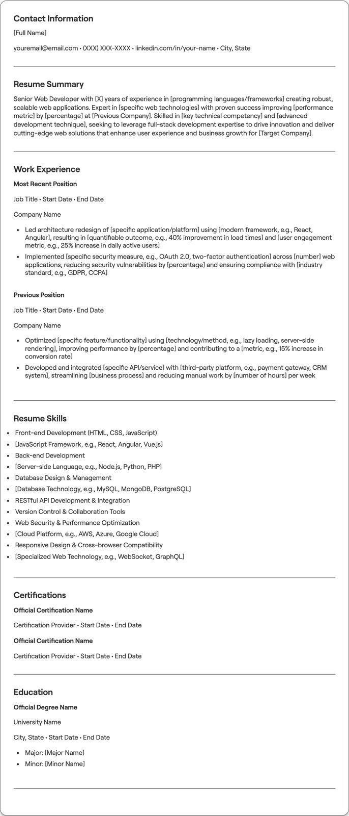 Senior Web Developer resume example