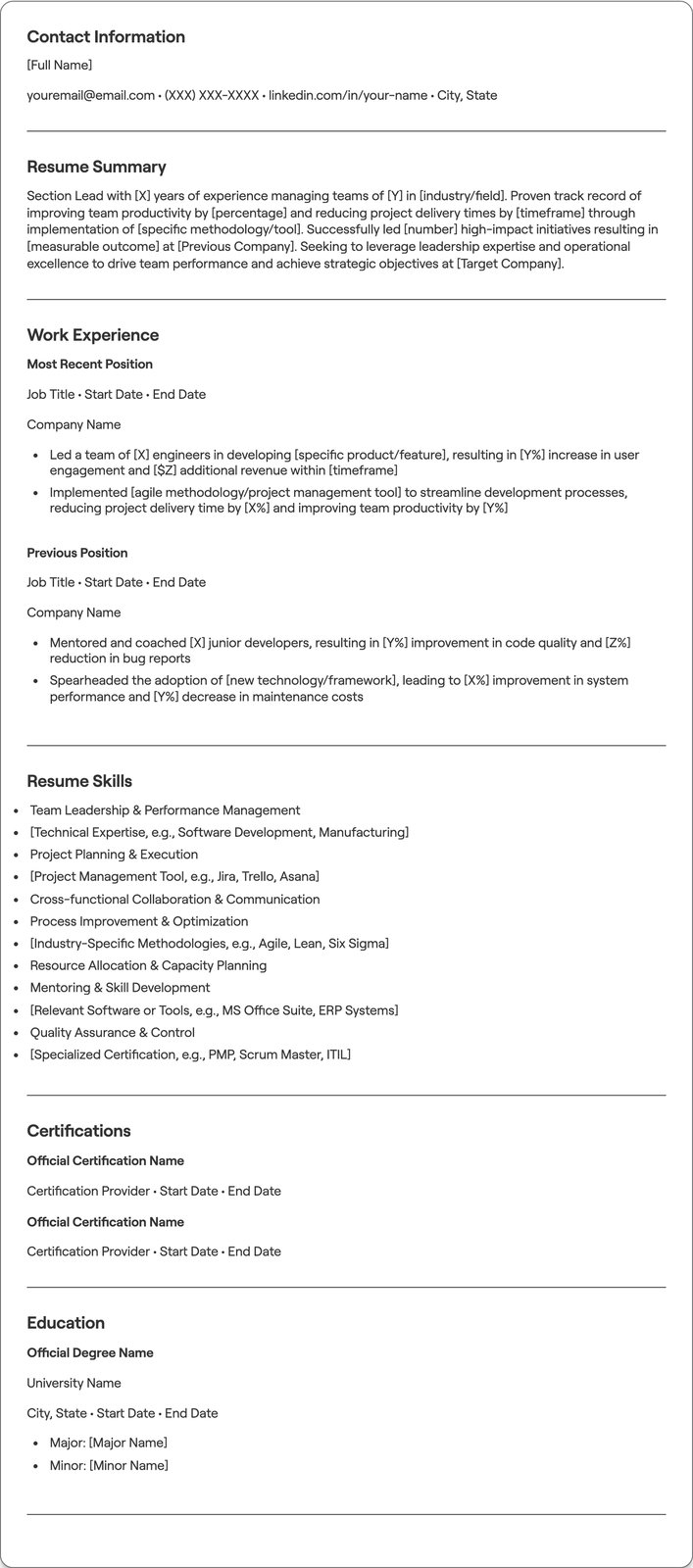 Section Lead resume example