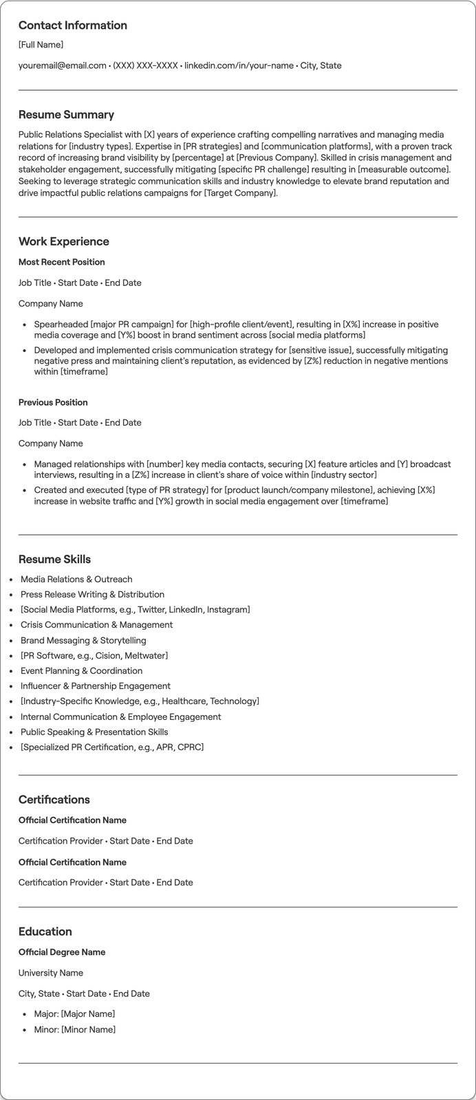 Public Relations Specialist resume example