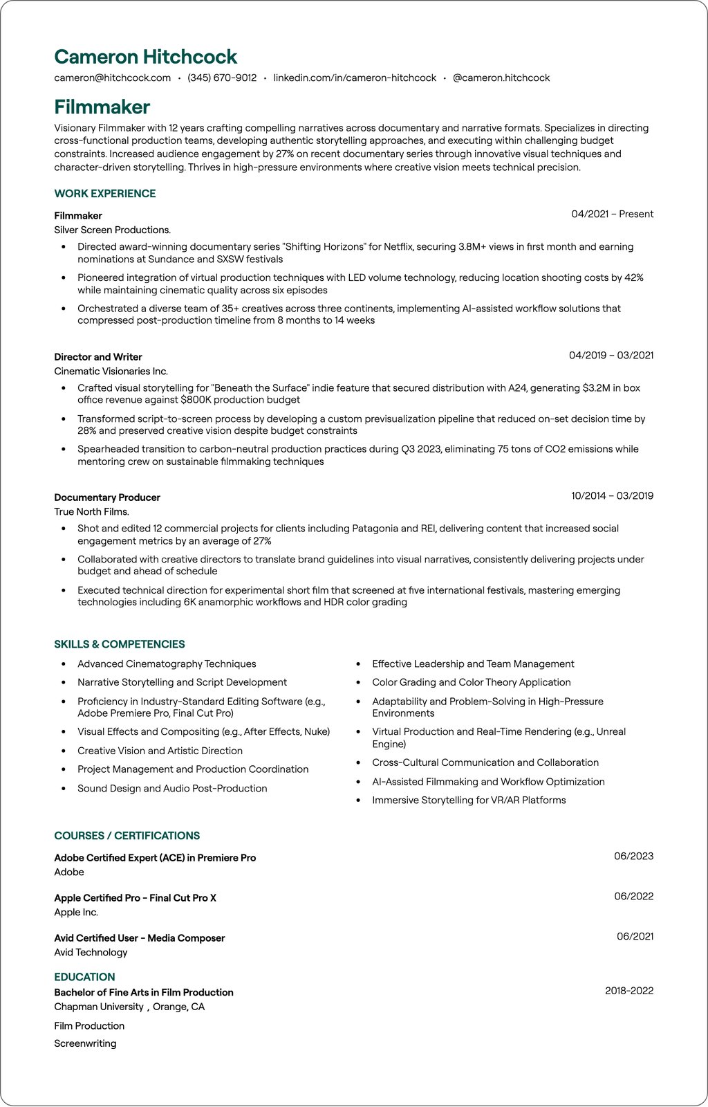 Filmmaker resume example