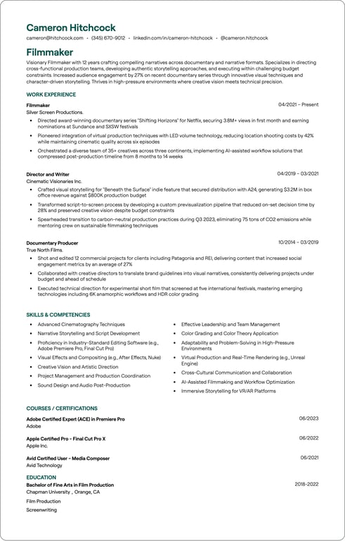 Filmmaker resume example