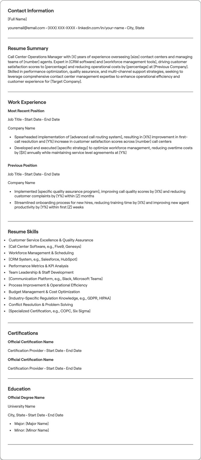 Call Center Operations Manager resume example