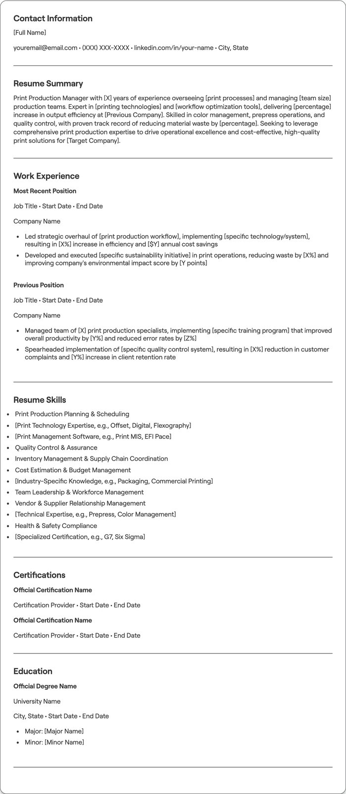 Print Production Manager resume example