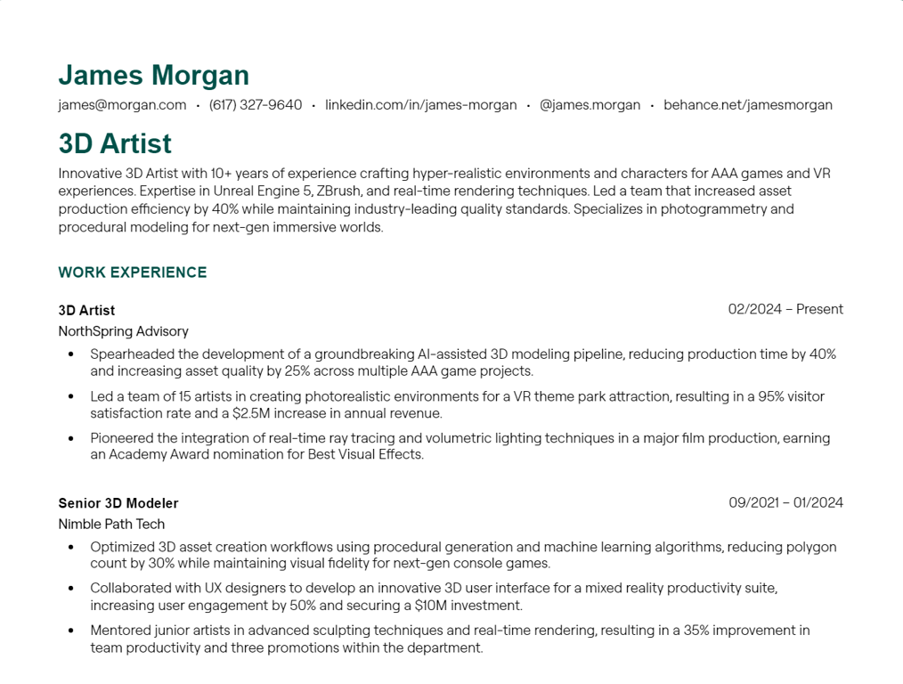 3D Artist resume example