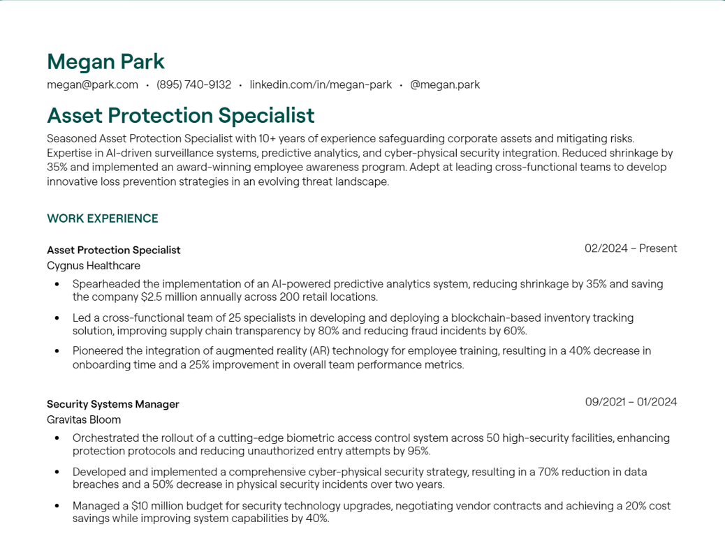 Asset Protection Specialist resume example