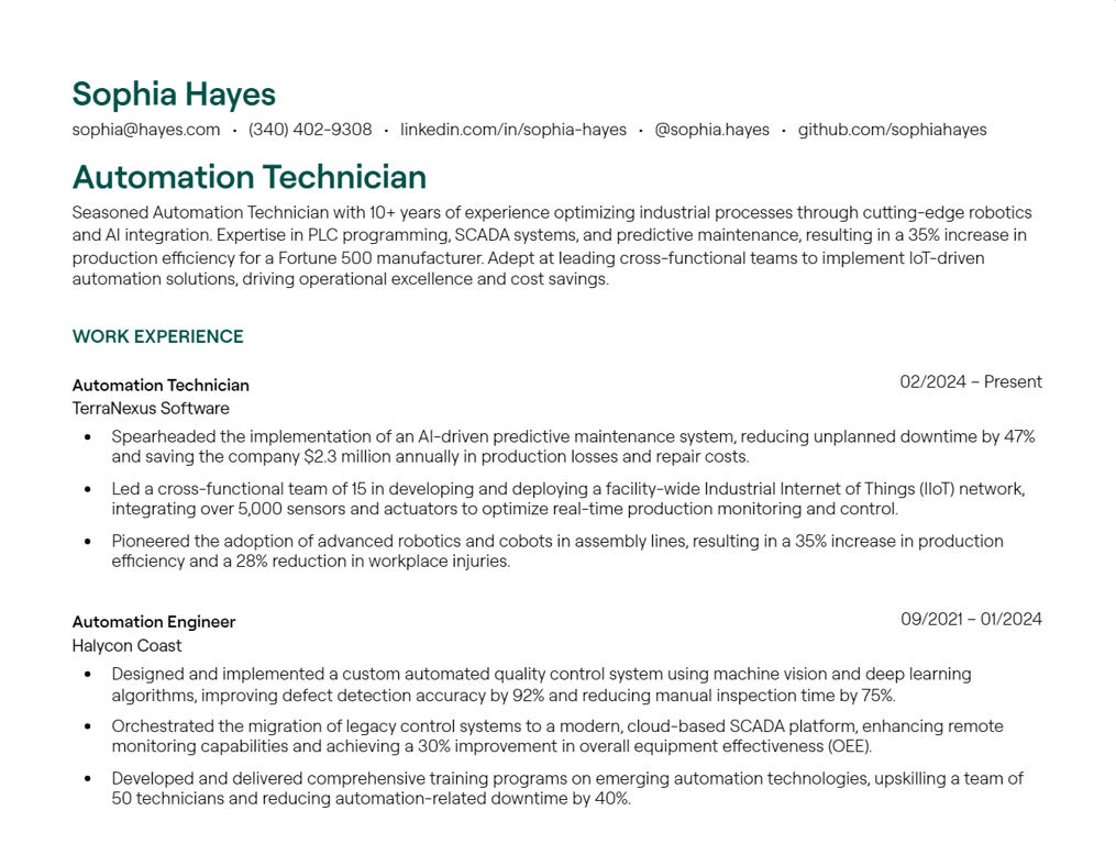 Automation Technician resume example