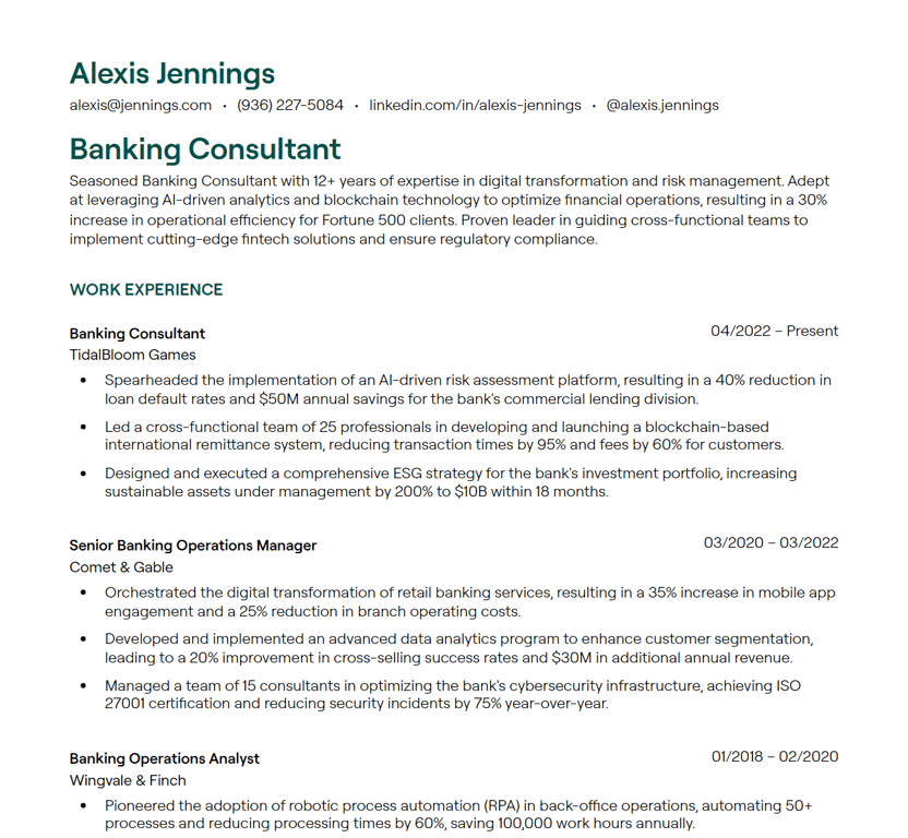 Banking resume example