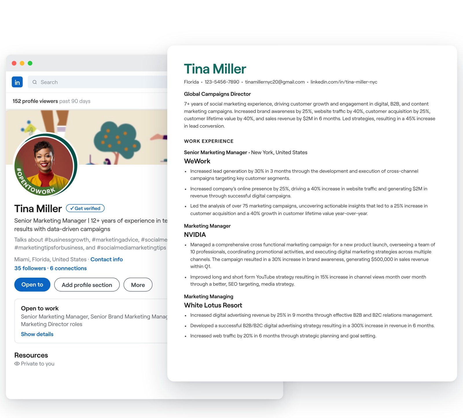 A LinkedIn profile next to a resume built from its career details in Teal
