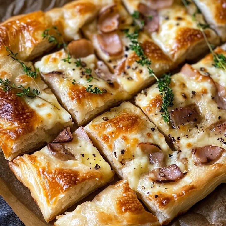 Blätterteigkissen gefüllt mit Schinken und Käse