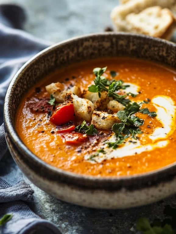 Sommerliche Tomatensuppe mit gerösteten Tomaten und frischen Kräutern