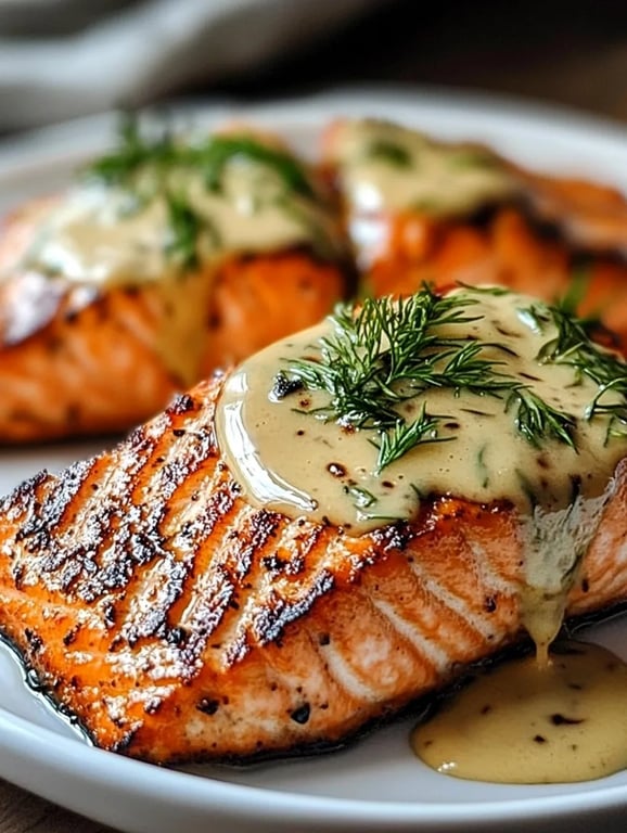 Irresistibly Grilled Salmon with Luxurious Creamy Dijon Mustard Sauce