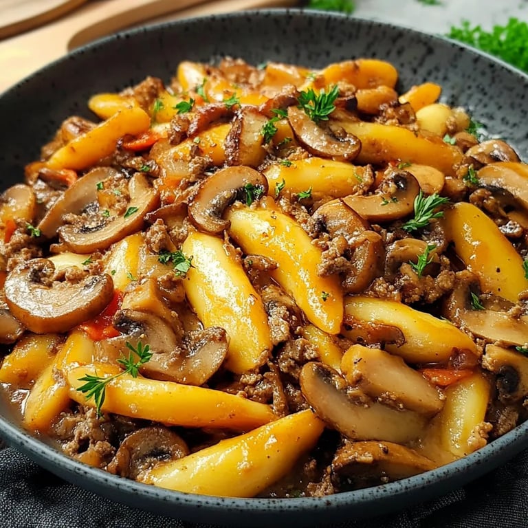 Schupfnudel Hackpfanne mit Champignons und Paprika
