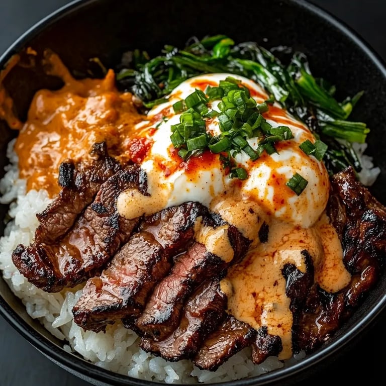 Korean BBQ Steak Rice Bowls with Spicy Cream Sauce