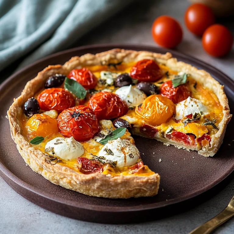 Herzhafte Kürbis-Tarte mit Tomaten und Oliven