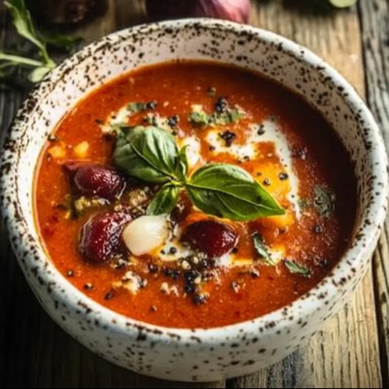 Sommerliche Tomatensuppe mit gerösteten Tomaten und frischen Kräutern