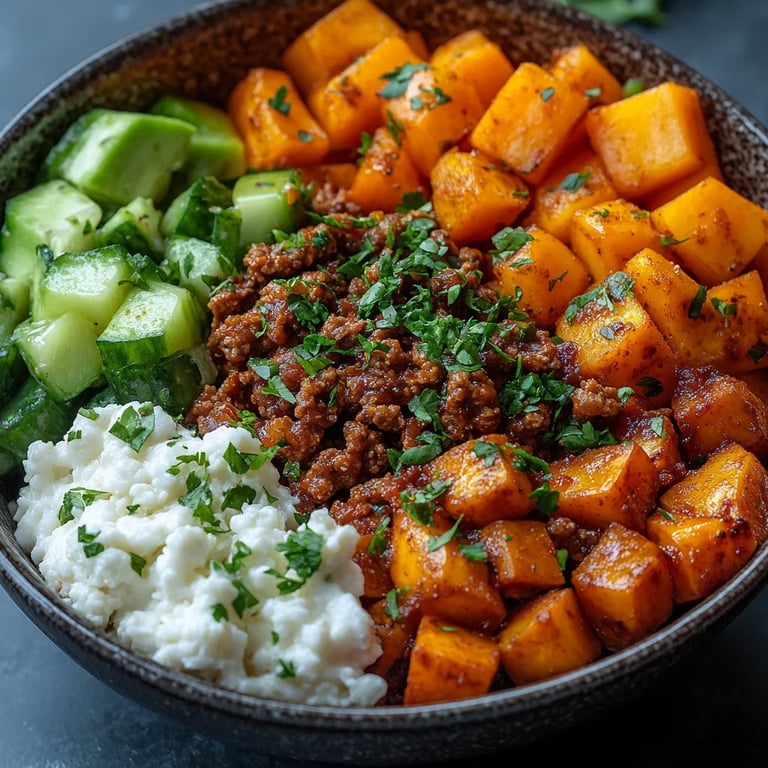 Virale Schüssel mit Hüttenkäse, Süßkartoffel und Hackfleisch: Ein Unglaubliches Ultimatives Rezept