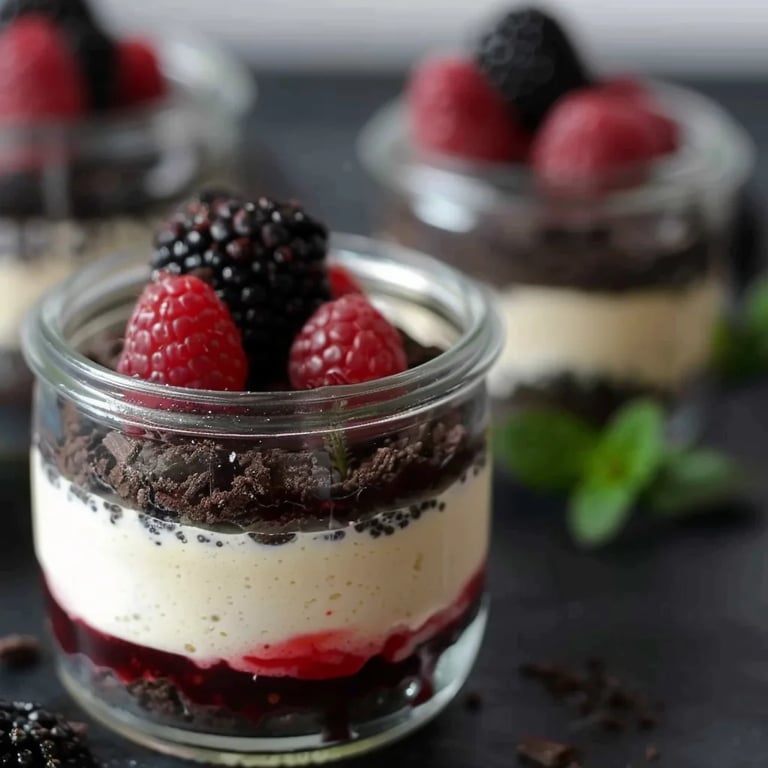 Cremiger Cheesecake im Glas mit Oreo und Himbeertopping