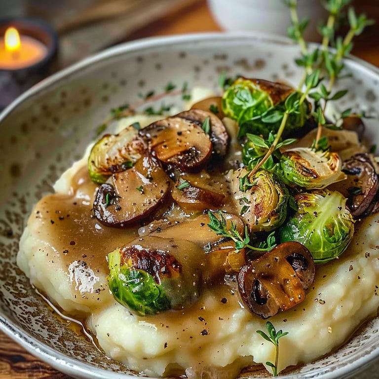 Pilzpfanne Rosenkohl Kartoffelpüree