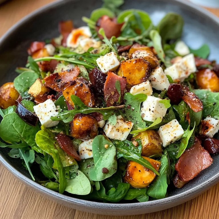 Wintersalat mit Bacon, Feta, Süßkartoffel, Kichererbsen und Balsamico Dressing