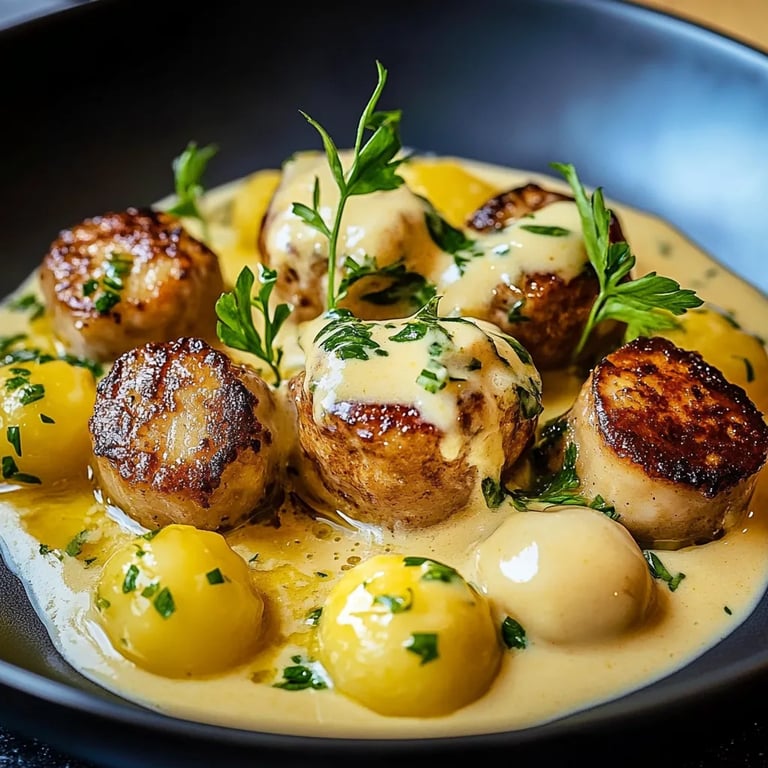 Hackbällchen in cremiger Sauce mit Kartoffelpüree