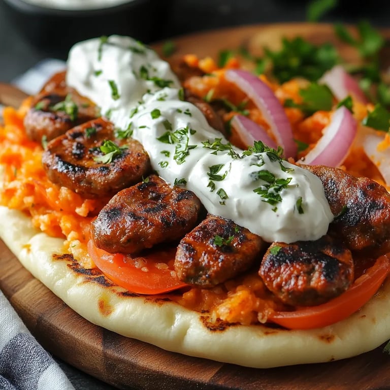 Tomaten-Kritharaki mit veganen Cevapcici und Tzatziki