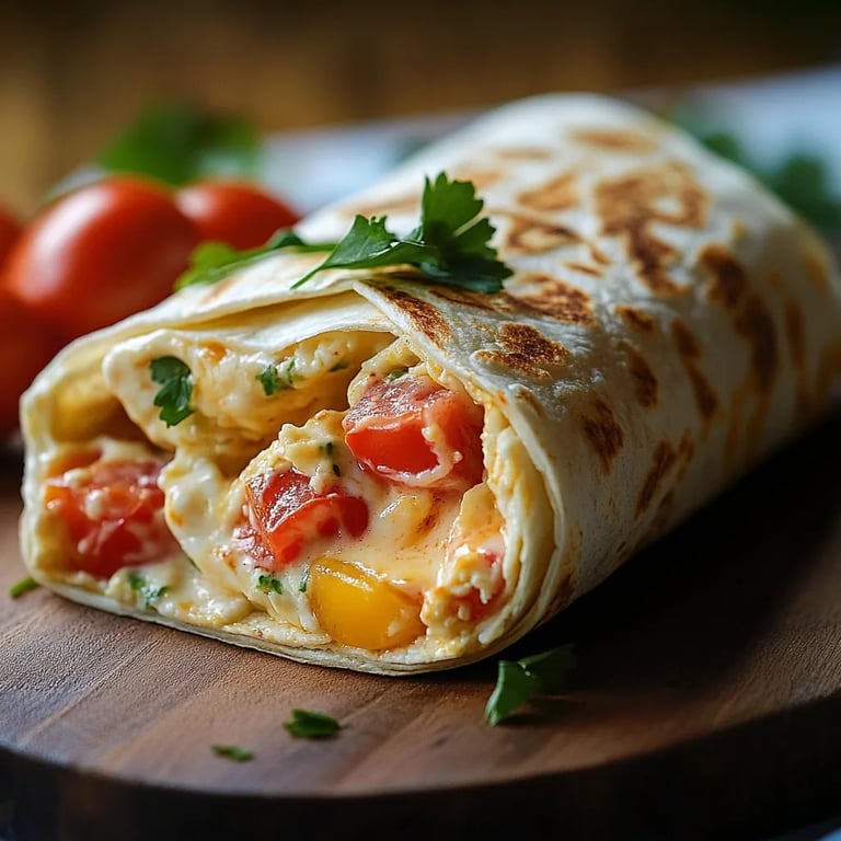 Einfacher Frühstückswrap mit Ei, Käse und Tomaten